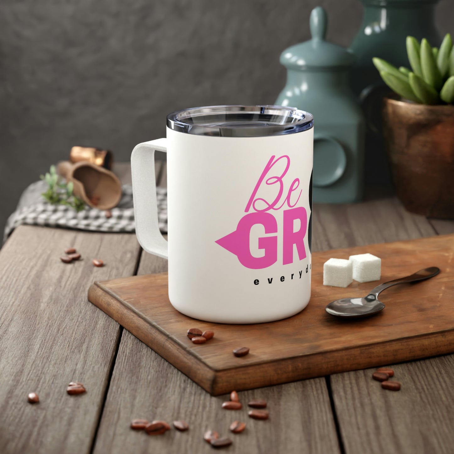 White And Pink/Black Insulated Coffee Mug, 10oz